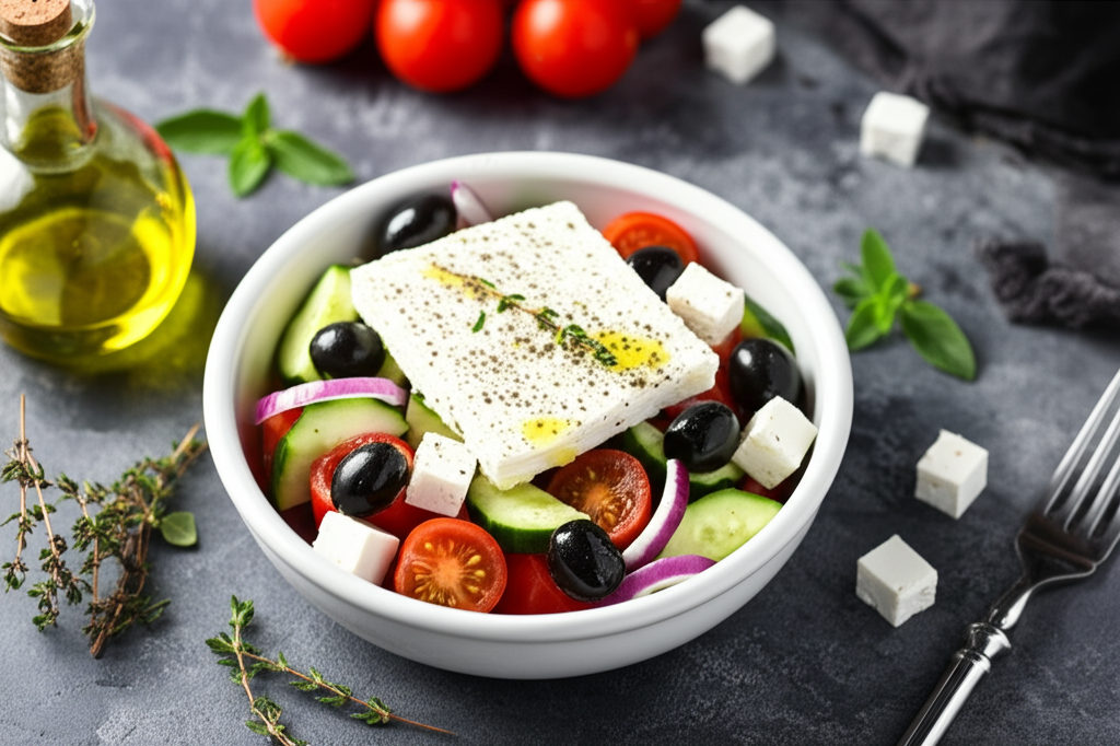 Greek salad dengan tomat, mentimun, dan feta